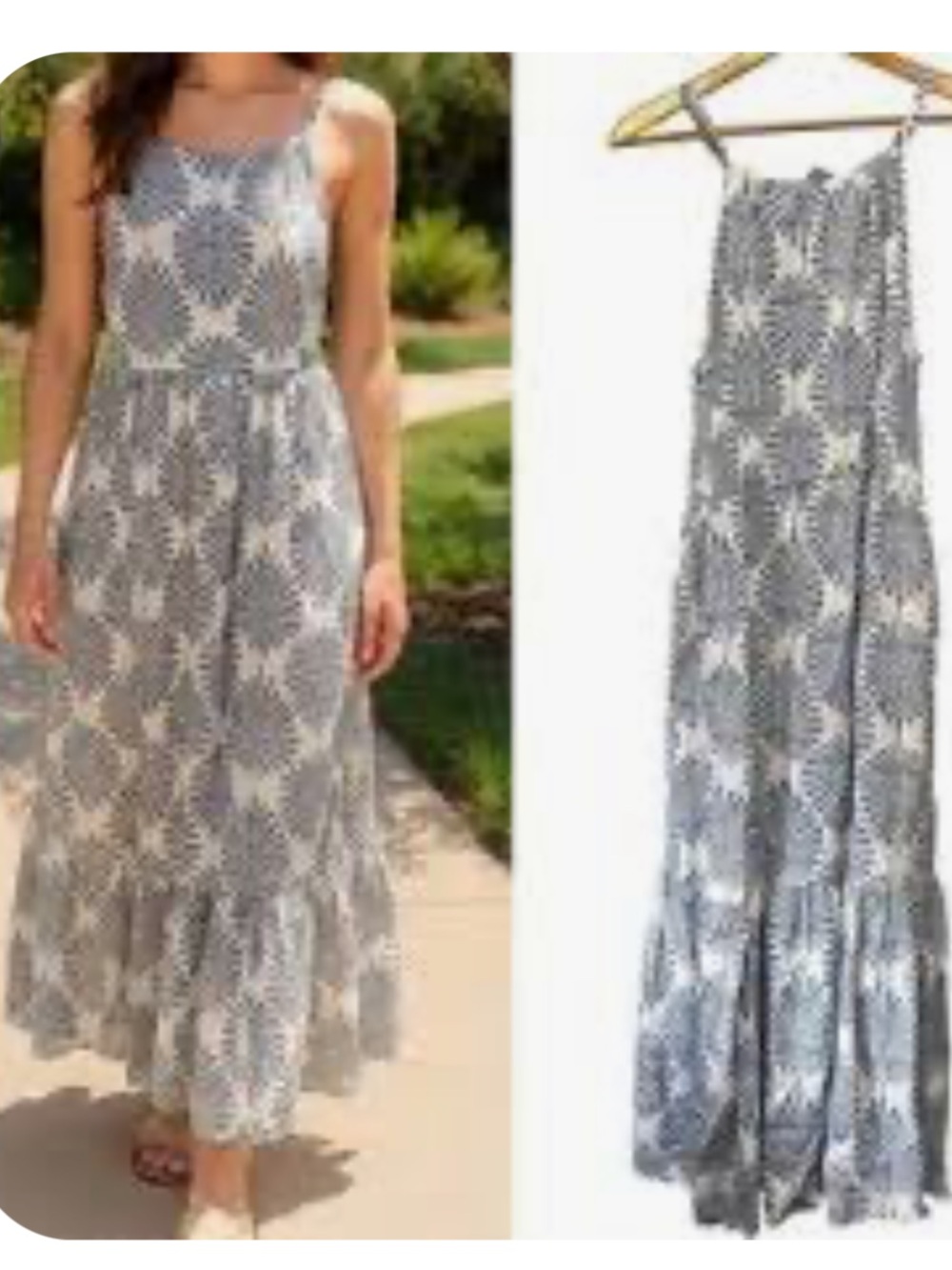 Joie Blue White Palm Print Linen Blend Halter Maxi Dress Pockets Size L